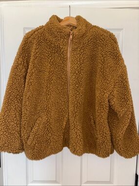 Nine West Cozy Teddy Faux Sherpa Zip Jacket - Camel - PXL